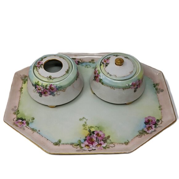 Antique C.S. Prussia Carl Schlegelmilch Porcelain 3 Piece Vanity Tray Set Pastel